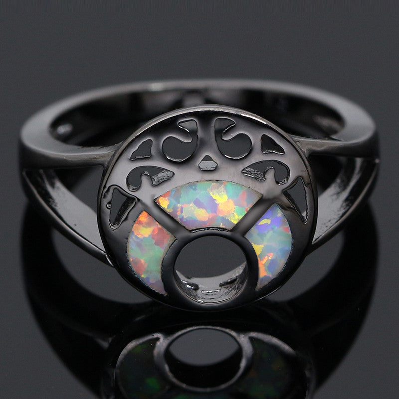 Black Gold-Plated Blue Fire Moon Opal Ring