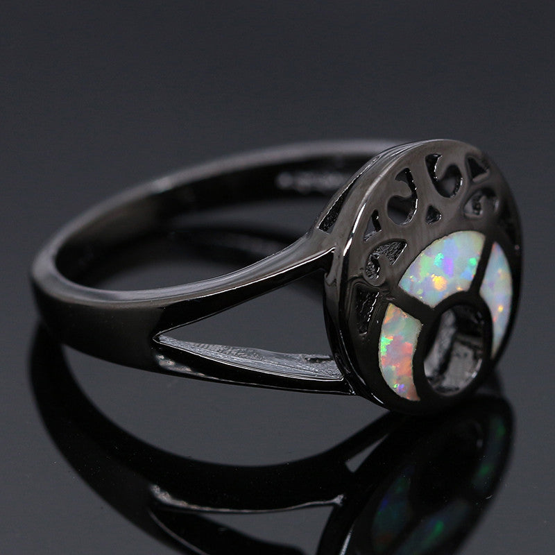 Black Gold-Plated Blue Fire Moon Opal Ring
