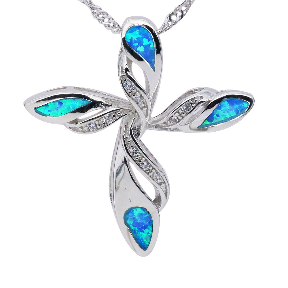 Cross and Angel Wings Silver Plated Fire Opal Pendant