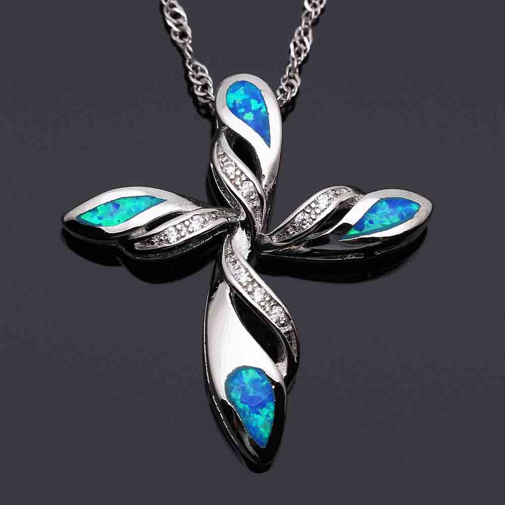 Cross and Angel Wings Silver Plated Fire Opal Pendant