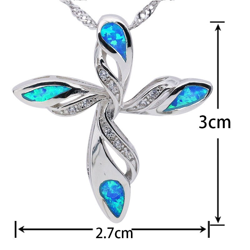 Cross and Angel Wings Silver Plated Fire Opal Pendant