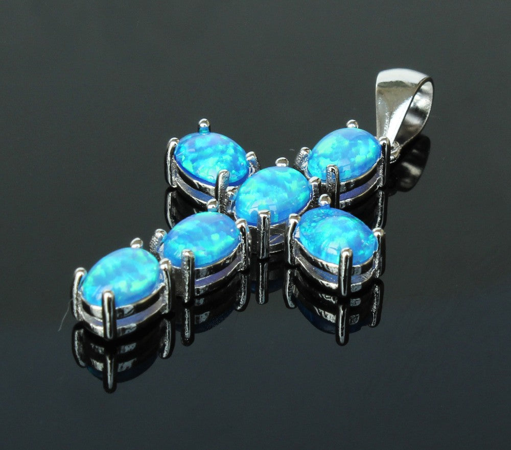 Cool Christian Cross Design Fire Opal Pendant Necklace - White or Blue