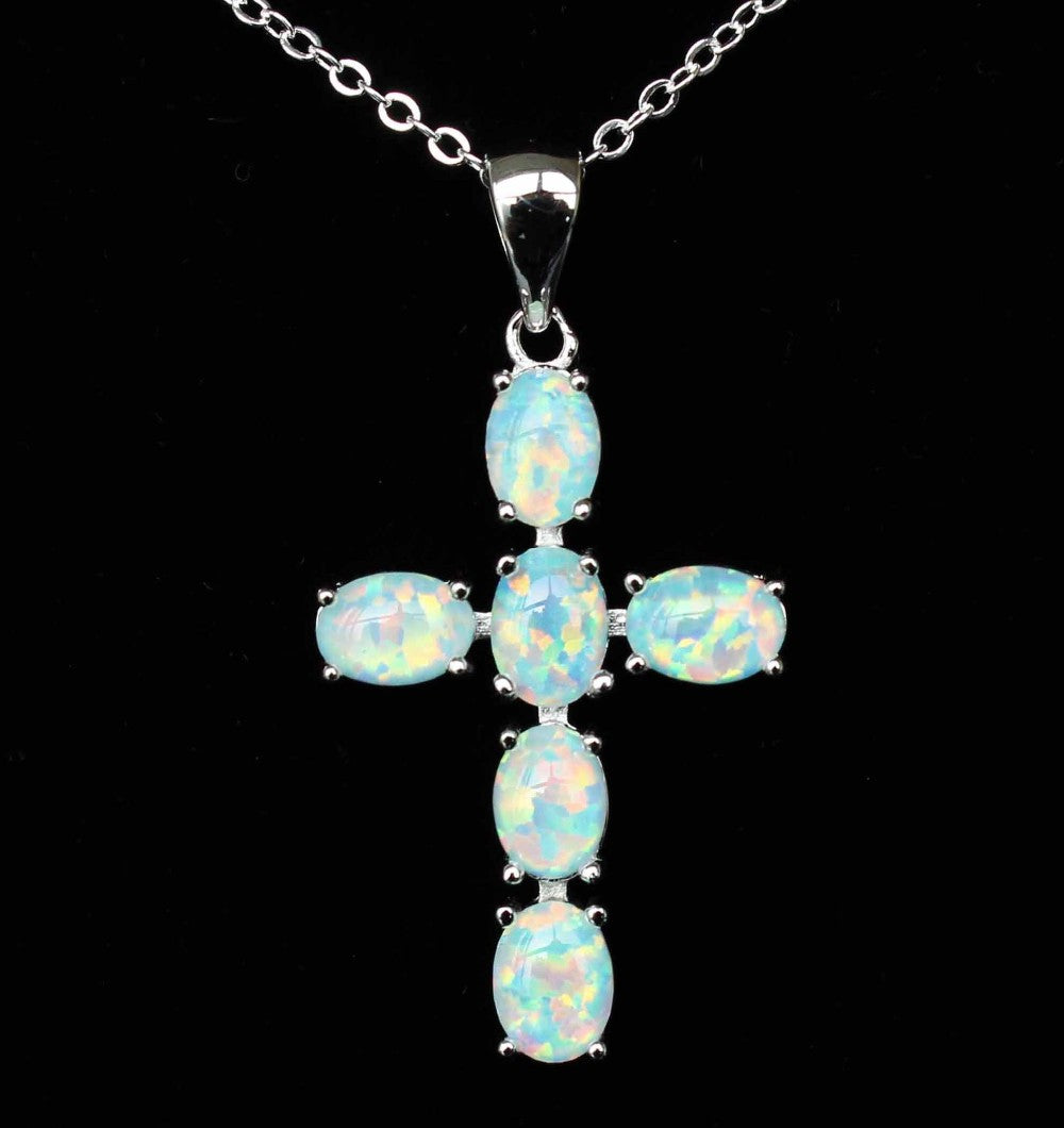 Cool Christian Cross Design Fire Opal Pendant Necklace - White or Blue