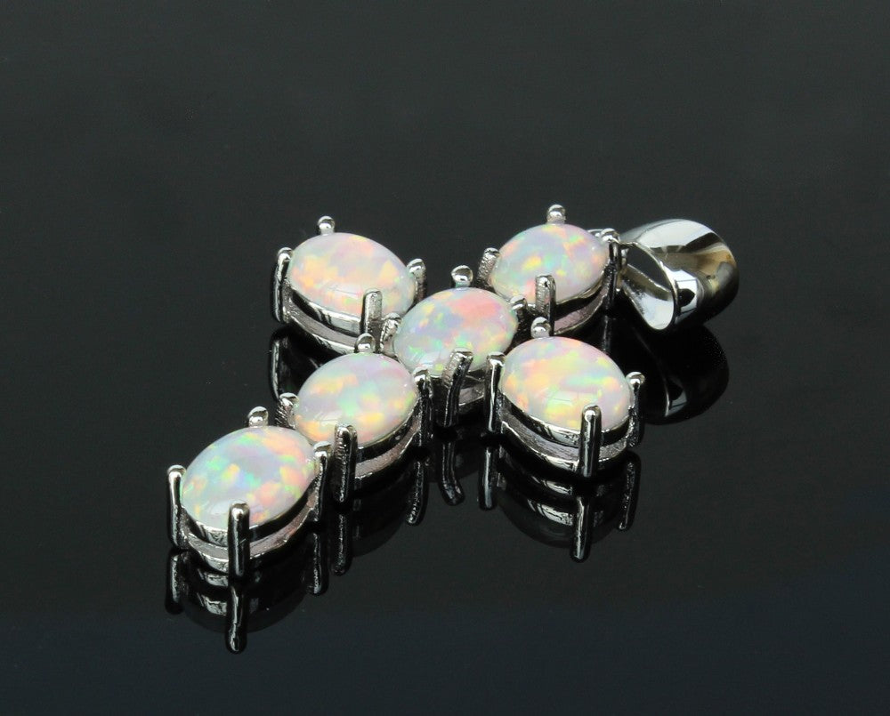 Cool Christian Cross Design Fire Opal Pendant Necklace - White or Blue