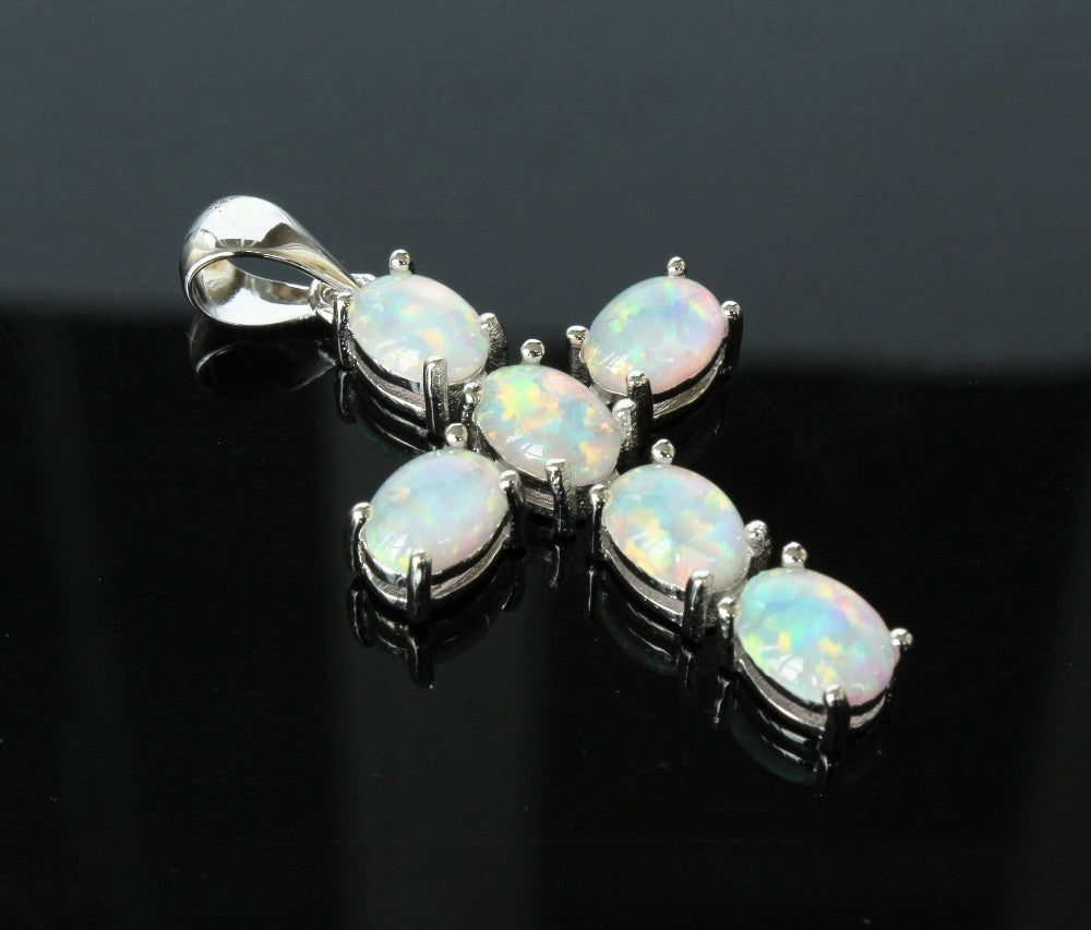 Cool Christian Cross Design Fire Opal Pendant Necklace - White or Blue