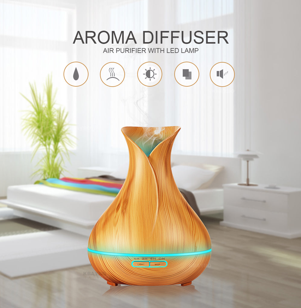 400ml Aroma Essential Oil Diffuser Ultrasonic Air Humidifier with Wood Grain 7 Color Changing LED Lights for Office Home