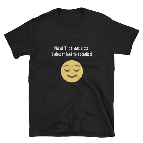 "Phew! That Was Close." Short-Sleeve Unisex T-Shirt (Black/Navy)