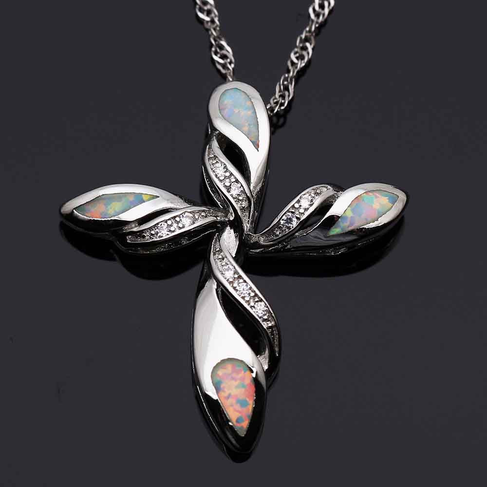 Cross and Angel Wings Silver Plated Fire Opal Pendant