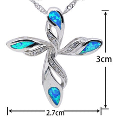 Cross and Angel Wings Silver Plated Fire Opal Pendant