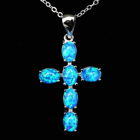 Cool Christian Cross Design Fire Opal Pendant Necklace - White or Blue