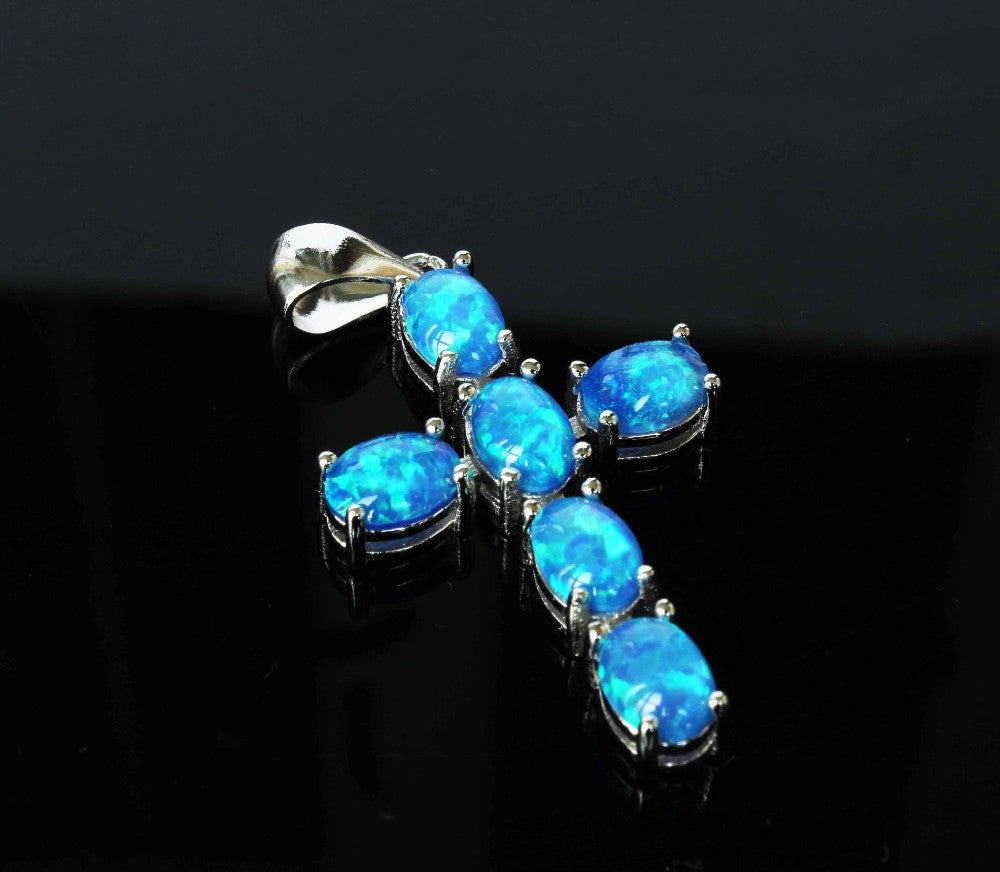 Cool Christian Cross Design Fire Opal Pendant Necklace - White or Blue