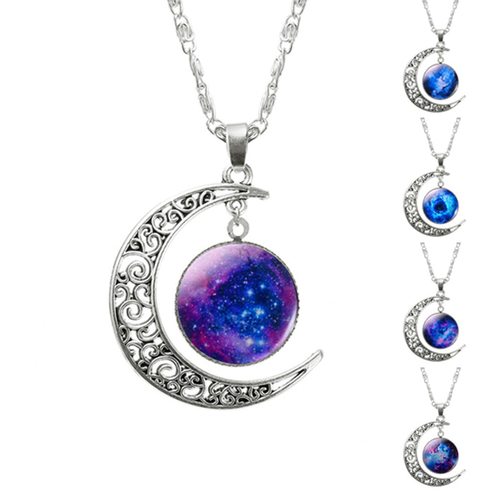 Galaxy Moon Silver Pendant Necklace
