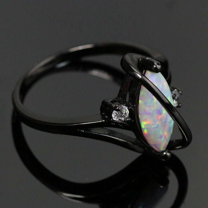 Black Gold-Plated Crossed Marquise Opal Ring